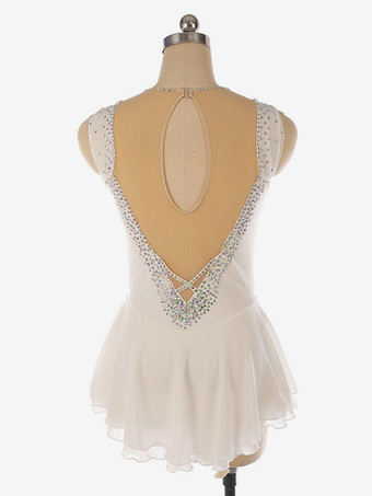 ライトブルーのフィギュアスケートドレス、ビーズネックライン、ポリエステル製ダンスコスチューム（女性・女の子用）