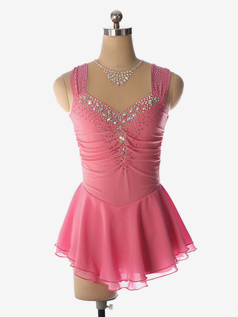 ピンクライトブルーのフィギュアスケートドレス、ビーズネックライン、ポリエステル製ダンスコスチューム（女性・女の子用）