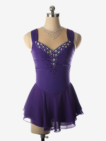 バイオレットライトブルーのフィギュアスケートドレス、ビーズネックライン、ポリエステル製ダンスコスチューム（女性・女の子用）