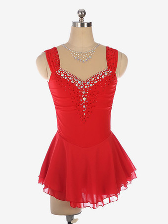 レッド ライトブルーのフィギュアスケートドレス、ビーズネックライン、ポリエステル製ダンスコスチューム（女性・女の子用）