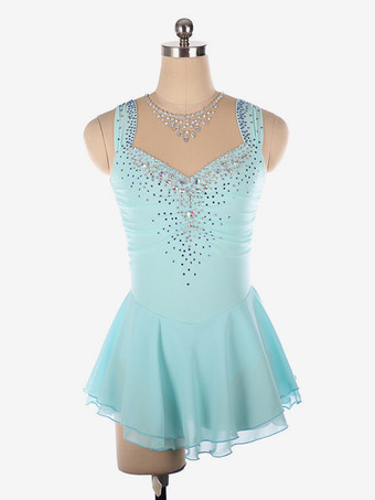 パステルブルーライトブルーのフィギュアスケートドレス、ビーズネックライン、ポリエステル製ダンスコスチューム（女性・女の子用）