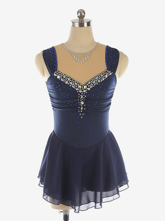 ダークネイビーライトブルーのフィギュアスケートドレス、ビーズネックライン、ポリエステル製ダンスコスチューム（女性・女の子用）