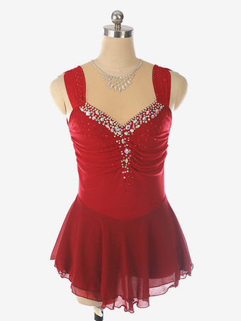 バーガンディーライトブルーのフィギュアスケートドレス、ビーズネックライン、ポリエステル製ダンスコスチューム（女性・女の子用）