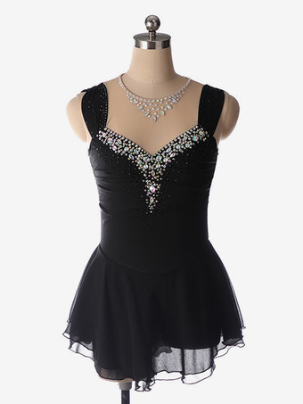 ブラック ライトブルーのフィギュアスケートドレス、ビーズネックライン、ポリエステル製ダンスコスチューム（女性・女の子用）