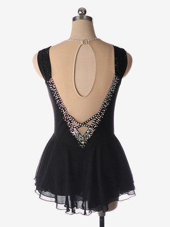 ライトブルーのフィギュアスケートドレス、ビーズネックライン、ポリエステル製ダンスコスチューム（女性・女の子用）