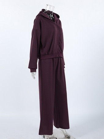 アクティブな女性のためのアスレジャースタイルセット - プラム色のフード付きジップアップワイドレッグトラックスーツ - 2026年春のラウンジヨガウェア