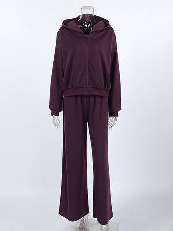 アクティブな女性のためのアスレジャースタイルセット - プラム色のフード付きジップアップワイドレッグトラックスーツ - 2026年春のラウンジヨガウェア