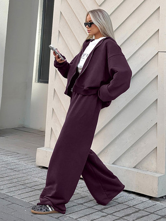 アクティブな女性のためのアスレジャースタイルセット - プラム色のフード付きジップアップワイドレッグトラックスーツ - 2026年春のラウンジヨガウェア