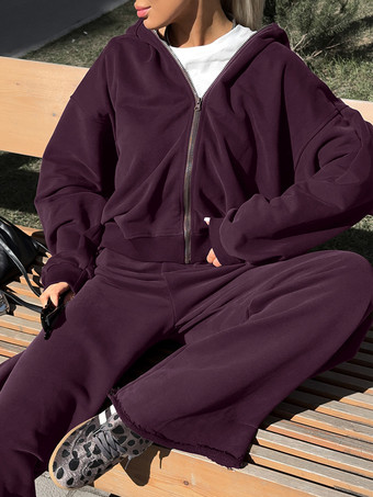 アクティブな女性のためのアスレジャースタイルセット - プラム色のフード付きジップアップワイドレッグトラックスーツ - 2026年春のラウンジヨガウェア