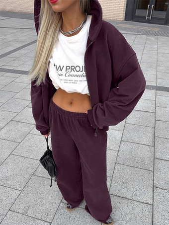 アクティブな女性のためのアスレジャースタイルセット - プラム色のフード付きジップアップワイドレッグトラックスーツ - 2026年春のラウンジヨガウェア