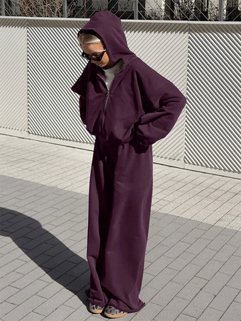 アクティブな女性のためのアスレジャースタイルセット - プラム色のフード付きジップアップワイドレッグトラックスーツ - 2026年春のラウンジヨガウェア