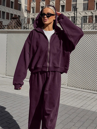 アクティブな女性のためのアスレジャースタイルセット - プラム色のフード付きジップアップワイドレッグトラックスーツ - 2026年春のラウンジヨガウェア