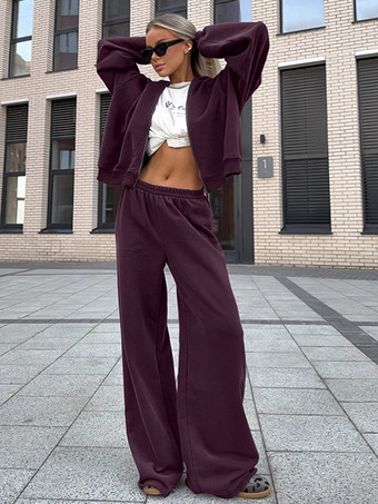 モーブ アクティブな女性のためのアスレジャースタイルセット - プラム色のフード付きジップアップワイドレッグトラックスーツ - 2026年春のラウンジヨガウェア