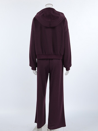 アクティブな女性のためのアスレジャースタイルセット - プラム色のフード付きジップアップワイドレッグトラックスーツ - 2026年春のラウンジヨガウェア