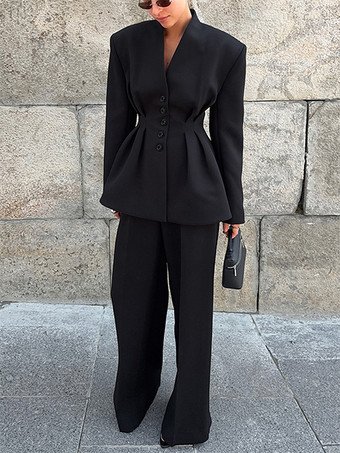 オフィスレディ向け砂時計型ブレザーセット - ブラック モダン プリーツ ウエスト絞りテーラリング - 2026年春のワークウェアスーツ