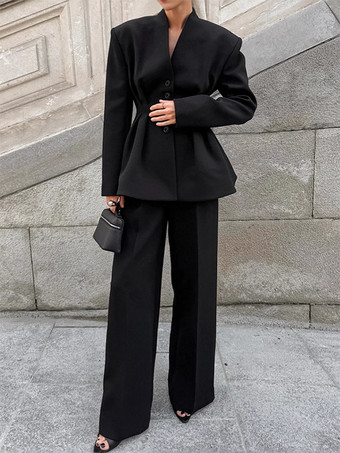 オフィスレディ向け砂時計型ブレザーセット - ブラック モダン プリーツ ウエスト絞りテーラリング - 2026年春のワークウェアスーツ