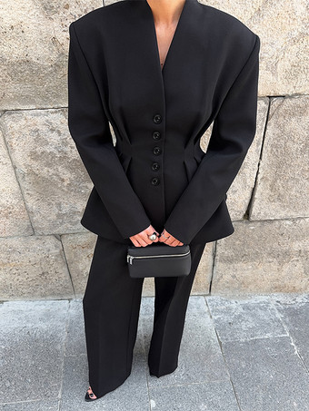 オフィスレディ向け砂時計型ブレザーセット - ブラック モダン プリーツ ウエスト絞りテーラリング - 2026年春のワークウェアスーツ