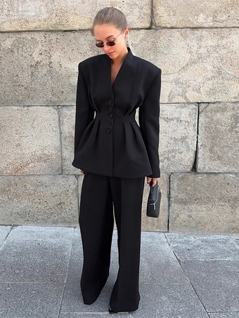 オフィスレディ向け砂時計型ブレザーセット - ブラック モダン プリーツ ウエスト絞りテーラリング - 2026年春のワークウェアスーツ