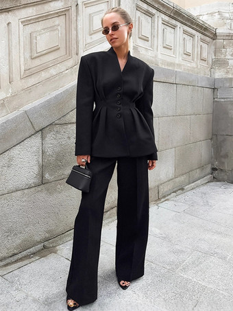 ブラック オフィスレディ向け砂時計型ブレザーセット - ブラック モダン プリーツ ウエスト絞りテーラリング - 2026年春のワークウェアスーツ