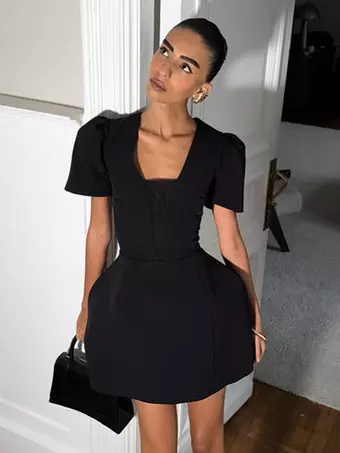Black V-Neck Women Mini Dress - Elegant Puff Sleeve Hourglass - Elegant Date Night Outfit 2026