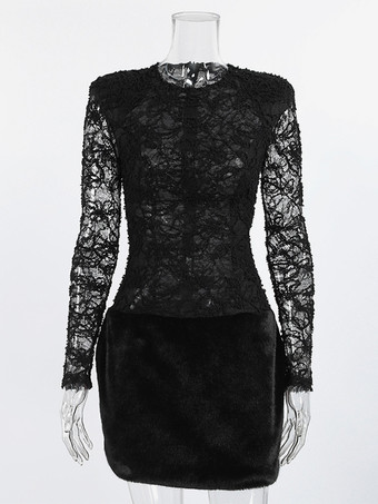 ブラックレースフェイクファーレディースミニドレス - セクシーな長袖シースルートップ - ゴシック調春の夜のお出かけカクテルパーティー2026