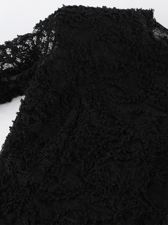 ブラックレースフェイクファーレディースミニドレス - セクシーな長袖シースルートップ - ゴシック調春の夜のお出かけカクテルパーティー2026