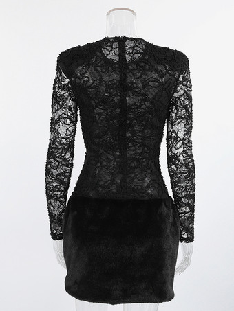 ブラックレースフェイクファーレディースミニドレス - セクシーな長袖シースルートップ - ゴシック調春の夜のお出かけカクテルパーティー2026