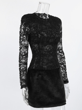 ブラックレースフェイクファーレディースミニドレス - セクシーな長袖シースルートップ - ゴシック調春の夜のお出かけカクテルパーティー2026