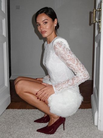 ブラックレースフェイクファーレディースミニドレス - セクシーな長袖シースルートップ - ゴシック調春の夜のお出かけカクテルパーティー2026