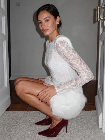 ブラックレースフェイクファーレディースミニドレス - セクシーな長袖シースルートップ - ゴシック調春の夜のお出かけカクテルパーティー2026