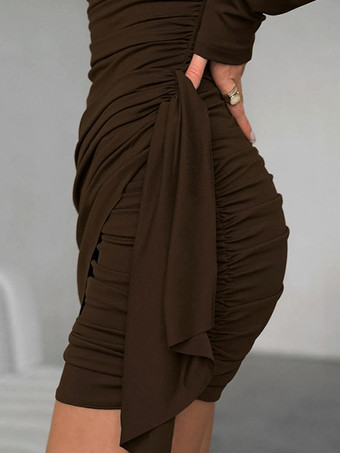 シックなレディースコーヒーボディコンドレス - セクシーなギャザーデザイン長袖ミニカット - ミニマリストスプリングクラブウェア2026