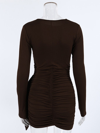 シックなレディースコーヒーボディコンドレス - セクシーなギャザーデザイン長袖ミニカット - ミニマリストスプリングクラブウェア2026