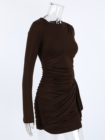 シックなレディースコーヒーボディコンドレス - セクシーなギャザーデザイン長袖ミニカット - ミニマリストスプリングクラブウェア2026