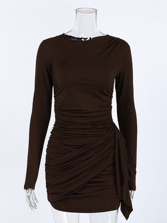 シックなレディースコーヒーボディコンドレス - セクシーなギャザーデザイン長袖ミニカット - ミニマリストスプリングクラブウェア2026