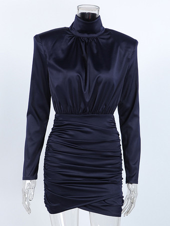 パッド入りショルダー レディース ギャザー入りボディコンドレス - 上品なモックネックサテンミニドレス - 控えめでラグジュアリーな春のカクテルパーティー衣装 2026