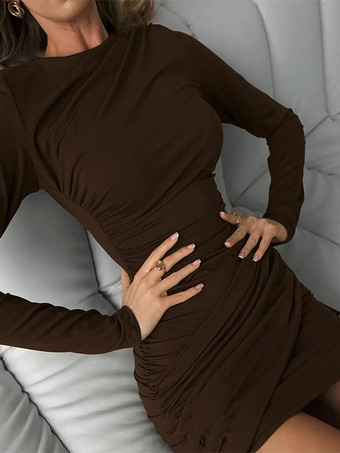 シックなレディースコーヒーボディコンドレス - セクシーなギャザーデザイン長袖ミニカット - ミニマリストスプリングクラブウェア2026