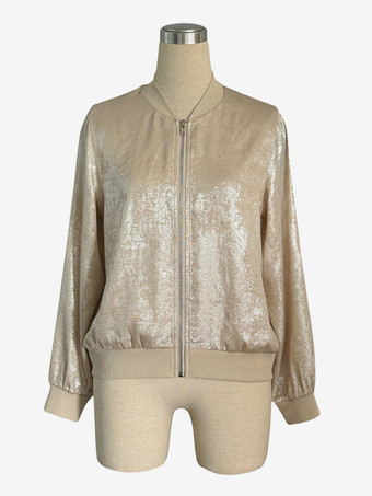 シャンパンゴールド レディース ボンバージャケット - ジップアップ リブトリム スリムフィット - メタリック スプリング パーティ アウター 2026