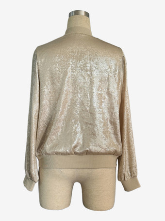 シャンパンゴールド レディース ボンバージャケット - ジップアップ リブトリム スリムフィット - メタリック スプリング パーティ アウター 2026