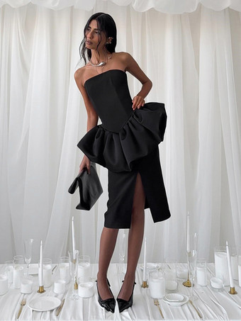 ブラック エレガントなレディース2点セット - ヴィンテージペプラムチューブトップサイドスリットミディスカート - シックな夏のパーティウェア 2026