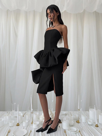 エレガントなレディース2点セット - ヴィンテージペプラムチューブトップサイドスリットミディスカート - シックな夏のパーティウェア 2026