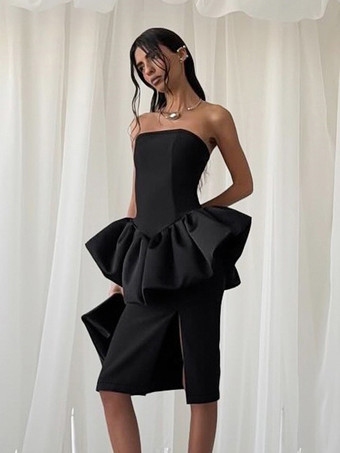 エレガントなレディース2点セット - ヴィンテージペプラムチューブトップサイドスリットミディスカート - シックな夏のパーティウェア 2026