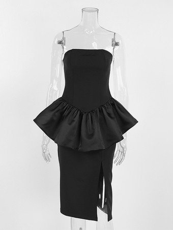 エレガントなレディース2点セット - ヴィンテージペプラムチューブトップサイドスリットミディスカート - シックな夏のパーティウェア 2026