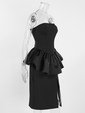 エレガントなレディース2点セット - ヴィンテージペプラムチューブトップサイドスリットミディスカート - シックな夏のパーティウェア 2026