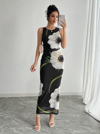 ブラック 花柄プリントのレディースマキシドレス - エレガントなギャザー入りボディコン - 90年代ヴィンテージ風サマーデイリーウェア 2026