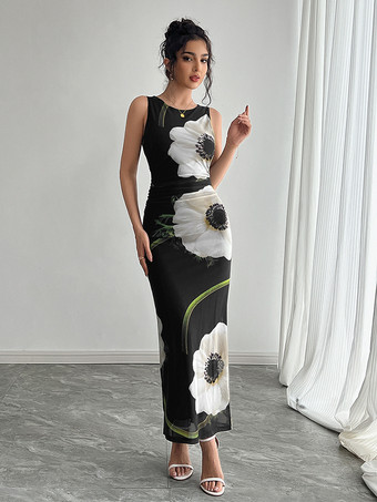 花柄プリントのレディースマキシドレス - エレガントなギャザー入りボディコン - 90年代ヴィンテージ風サマーデイリーウェア 2026