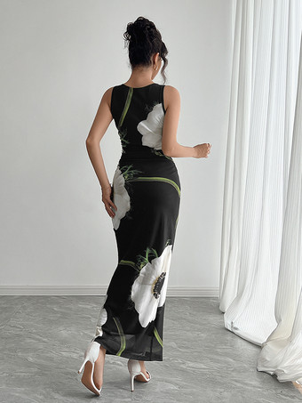 花柄プリントのレディースマキシドレス - エレガントなギャザー入りボディコン - 90年代ヴィンテージ風サマーデイリーウェア 2026