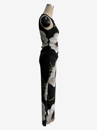 花柄プリントのレディースマキシドレス - エレガントなギャザー入りボディコン - 90年代ヴィンテージ風サマーデイリーウェア 2026