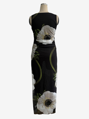 花柄プリントのレディースマキシドレス - エレガントなギャザー入りボディコン - 90年代ヴィンテージ風サマーデイリーウェア 2026