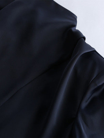 ネイビーブルーのサテンミニドレス（レディース） - エレガントなギャザー入りスタンドカラー、フレアスリーブ - 2026年春のカクテルパーティーに最適