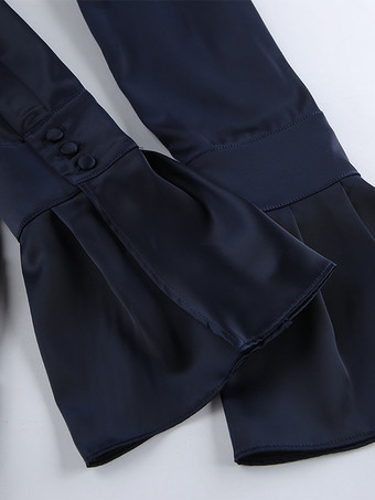 ネイビーブルーのサテンミニドレス（レディース） - エレガントなギャザー入りスタンドカラー、フレアスリーブ - 2026年春のカクテルパーティーに最適